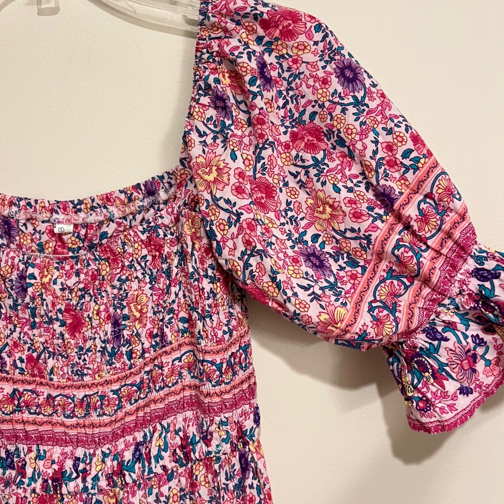 Pink Floral Smocked Dress Short Puff Sleeves Medium Vacation Spring Break Cruise - Picture 3 of 5